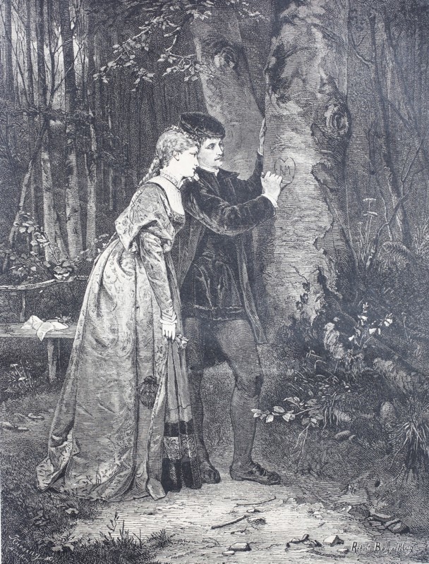 couple in love in the forest carves a heart in a tree trunk  /  Verliebtes Paar im Wald ritzt ein Herz in einen Baumstamm