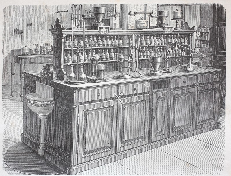 View of a worktable in the chemical laboratory of the University of Leipzig