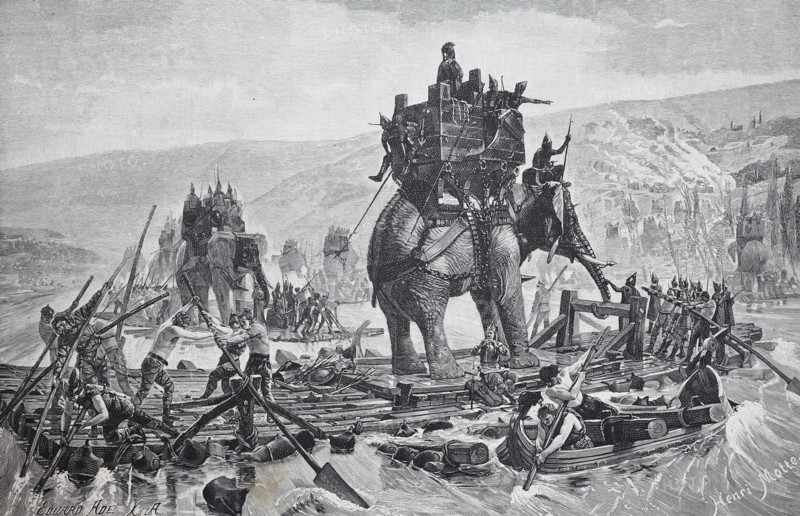 Hannibal crosses the river Rhone with his elephants
