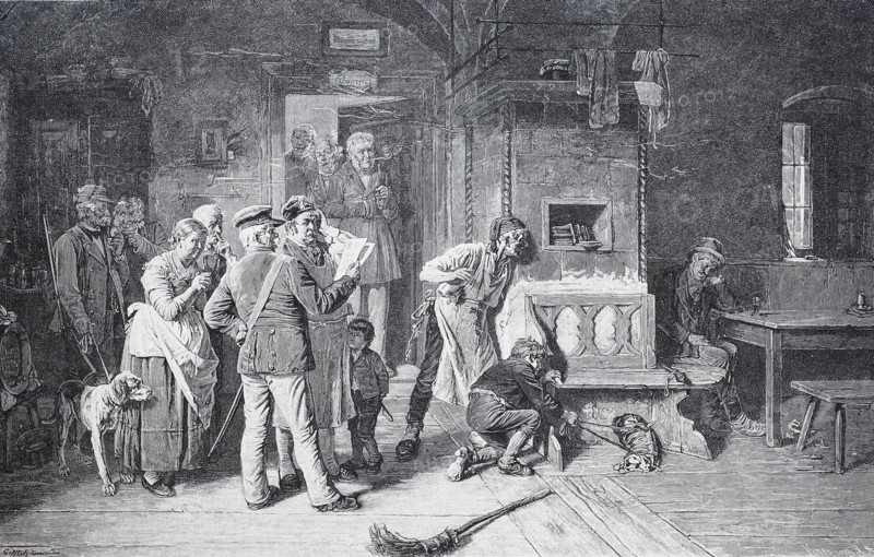 policeman shows in a restaurant the wanted poster of a wanted criminal around