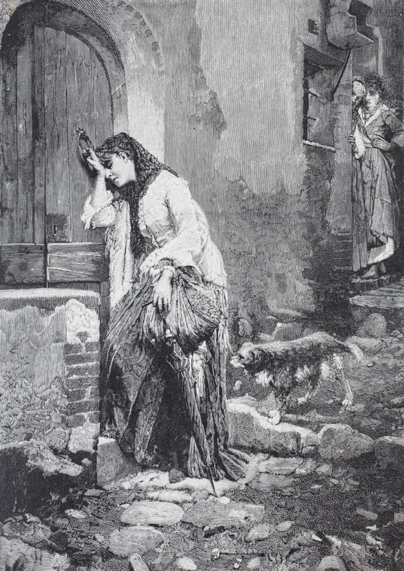 Tired street vendor leans against a house