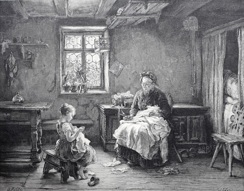 grandmother teaches the granddaughter to sew