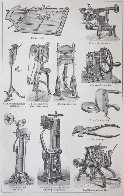 various machines for the production of shoes  /  verschiedene Maschinen zur Herstellung von Schuhen