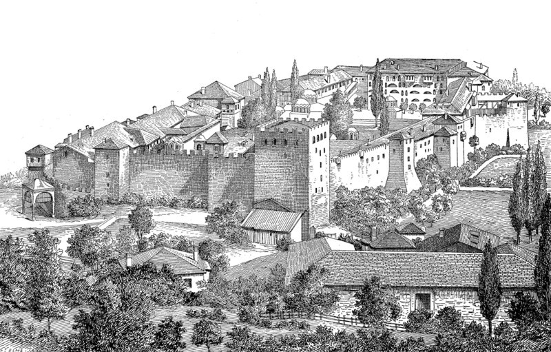 Monastery Lawra on the southeast corner of Mount Athos