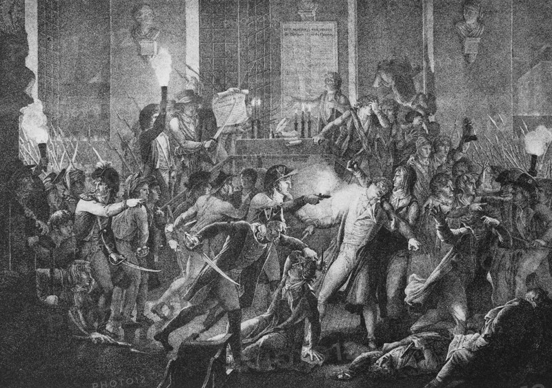 he arrest of Robespierre in the meeting room of the municipal council of Paris during the night of 9 to 10 Thermidor (the eleventh month of the Republican calendar of the French Revolution) in 1794  /  Die Festnahme von Robespierre im Sitzungssaal des Gemeinderat von Paris während der Nacht vom 9. auf den 10. Thermidor (der elfte Monat des republikanischen Kalenders der Französischen Revolution) 1794