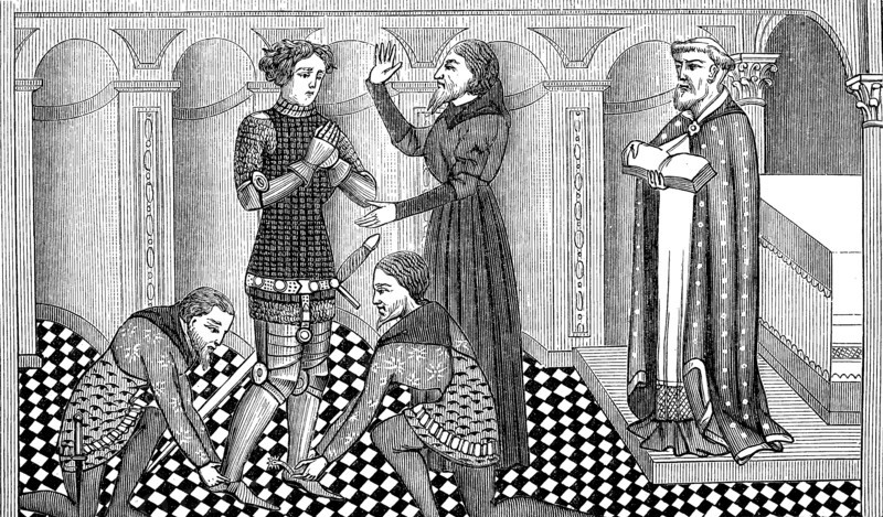 Belting and knighthood from a manuscript about Lancelot of the Lake