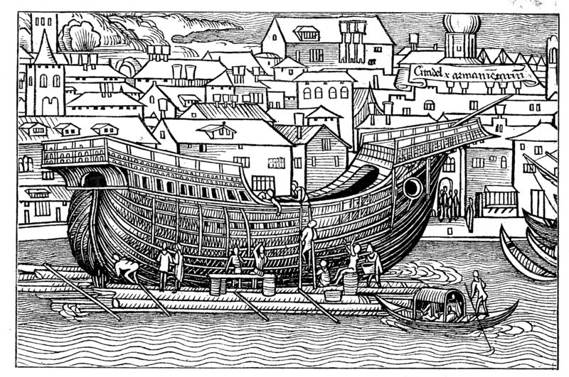 A large ocean-going vessel under construction of the Hanseatic League of Cities in the 15th century