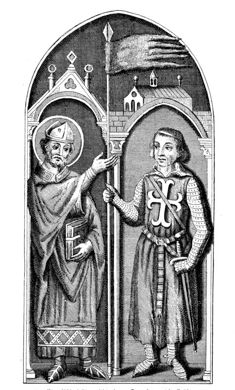A bishop presents a crusader with the Oriflamme