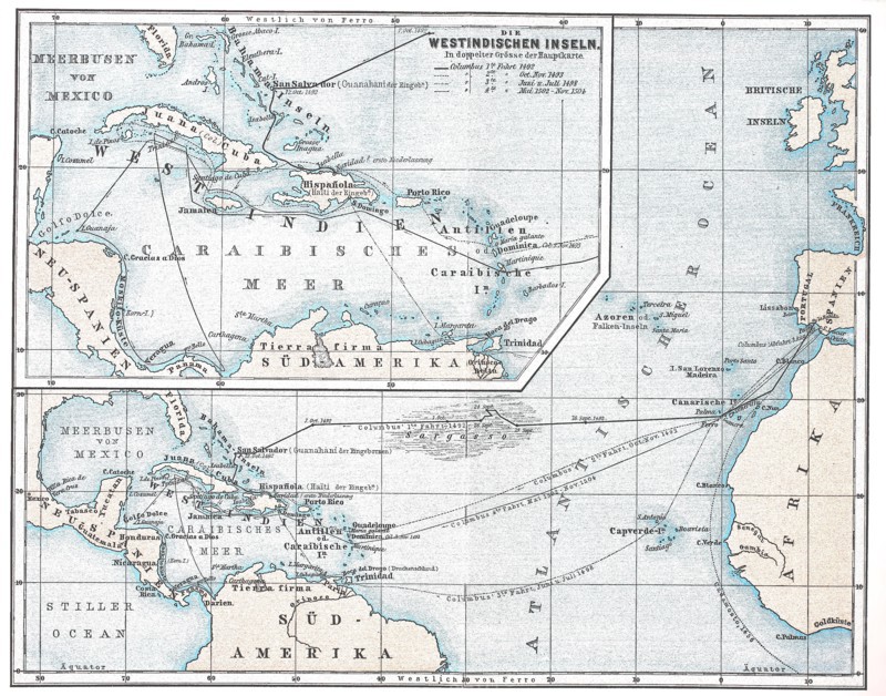 historical map with an overview of Christopher Columbus travels  /  historische Landkarte mit einer Übersicht zu den Reisen des Christoph Kolumbus