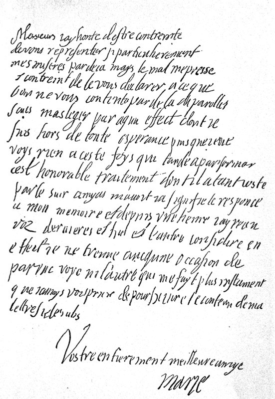 Handwritten copy of Maria Stuart's letter to the French ambassador to England  /  eigenhändige Nachschrift der Maria Stuart zu einem Brief an den französischen Gesandten in England