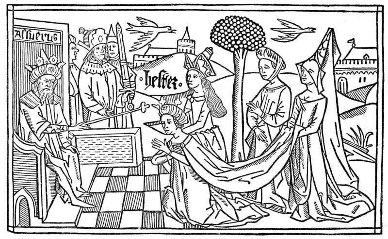 Esther kneels before Asverus