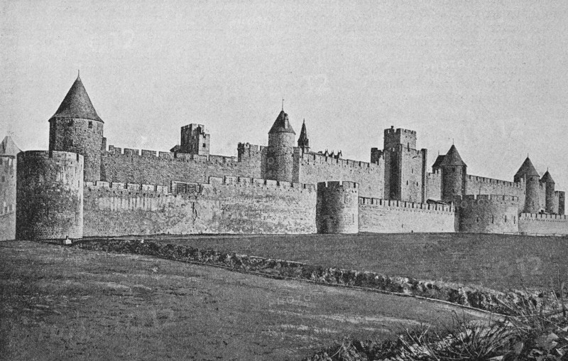 View of the old upper town of Carcassonne with double ramparts and towers dating from the 6th - 14th century France