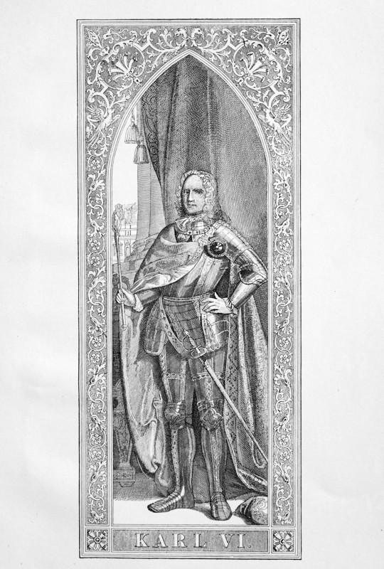 Karl VI. Franz Joseph Wenzel Balthasar Johann Anton Ignaz (* October 1, 1685; † 20 October 1740) was 1711 to 1740 Roman-German Emperor and Archduke of Austria  /  Karl VI. Franz Joseph Wenzel Balthasar Johann Anton Ignaz (* 1. Oktober 1685; † 20. Oktober 1740) war von 1711 bis 1740 roemisch-deutscher Kaiser und Erzherzog von oesterreich, historical, digital improved reproduction of an original from the 19th century / digitale Reproduktion einer Originalvorlage aus dem 19. Jahrhundert