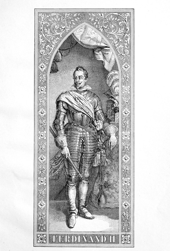 Ferdinand II (* July 9, 1578; † February 15, 1637) was from 1619 until his death Emperor of the Holy Roman Empire  /  Ferdinand II. (* 9. Juli 1578; † 15. Februar 1637) war von 1619 bis zu seinem Tode Kaiser des Heiligen Roemischen Reiches, historical, digital improved reproduction of an original from the 19th century / digitale Reproduktion einer Originalvorlage aus dem 19. Jahrhundert