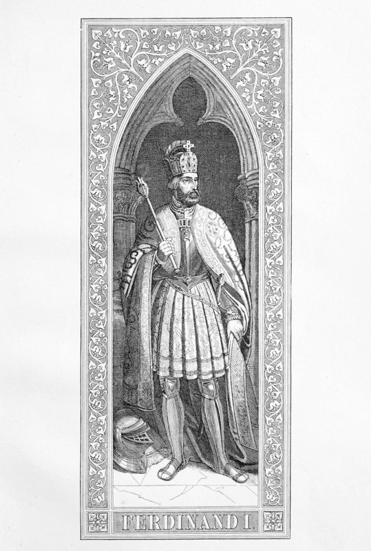 Ferdinand I. (* March 10, 1503, † 25 July 1564) of the House of Habsburg was from 1558 to 1564 Emperor of the Holy Roman Empire  /  Ferdinand I. (* 10. Maerz 1503; † 25. Juli 1564) aus dem Geschlecht der Habsburger war von 1558 bis 1564 Kaiser des Heiligen Roemischen Reiches, historical, digital improved reproduction of an original from the 19th century / digitale Reproduktion einer Originalvorlage aus dem 19. Jahrhundert