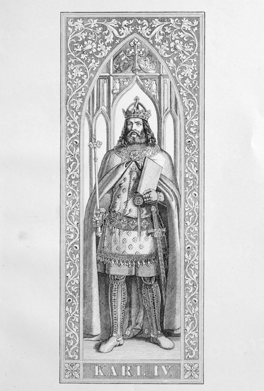 Charles IV, Charles IV (* 14 May 1316; † 29 November 1378), born as Wenzel, was Roman-German King, King of Bohemia, King of Italy and the Roman-German Emperor  /  Karl IV., Karel IV (* 14. Mai 1316; † 29. November 1378 ), geboren als Wenzel, war roemisch-deutscher Koenig, Koenig von Boehmen, Koenig von Italien und roemisch-deutscher Kaiser, historical, digital improved reproduction of an original from the 19th century / digitale Reproduktion einer Originalvorlage aus dem 19. Jahrhundert