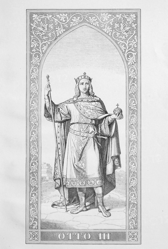 Otto III. (* July 980, † 24 January 1002) was of the house of the Ottos from 983 Roman German king and emperor from 996  /  Otto III. (* Juli 980; † 24. Januar 1002) aus dem Haus der Ottonen war ab 983 roemisch-deutscher Koenig und ab 996 Kaiser, historical, digital improved reproduction of an original from the 19th century / digitale Reproduktion einer Originalvorlage aus dem 19. Jahrhundert
