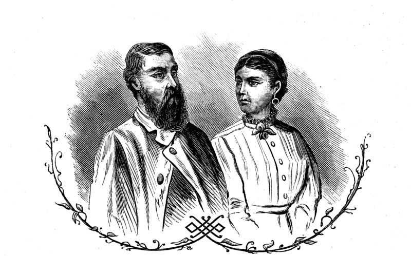 Sir Samuel Baker Pasha (* June 8, 1821; † December 30, 1893) was a British explorer, here with his wife  /  Sir Samuel White Baker Pascha (* 8. Juni 1821; † 30. Dezember 1893) war ein britischer Afrikaforscher, hier mit seiner Frau, historical, digital improved reproduction of an original from the 19th century / digitale Reproduktion einer Originalvorlage aus dem 19. Jahrhundert