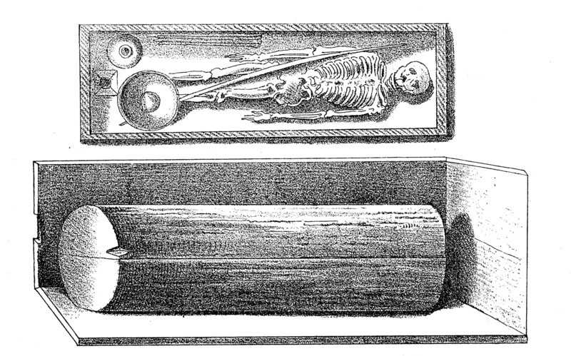 Burial in a dead tree from a line of Alemannic grave found in 1846 in Wuerttemberg