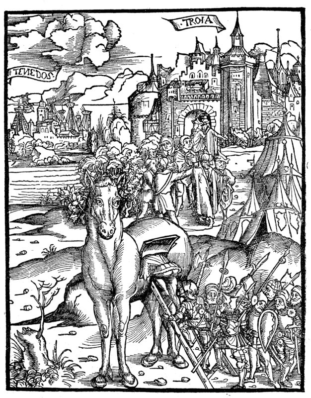 The Trojan horse. The Greeks get into the wooden horse at the siege of Troy  /  Das trojanische Pferd. Die Griechen steigen in das hoelzerne Pferd bei der Belagerung von Troja