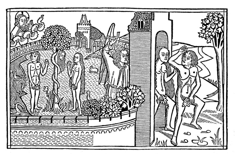 The Fall and the expulsion from Paradise. From the Coelner Bible