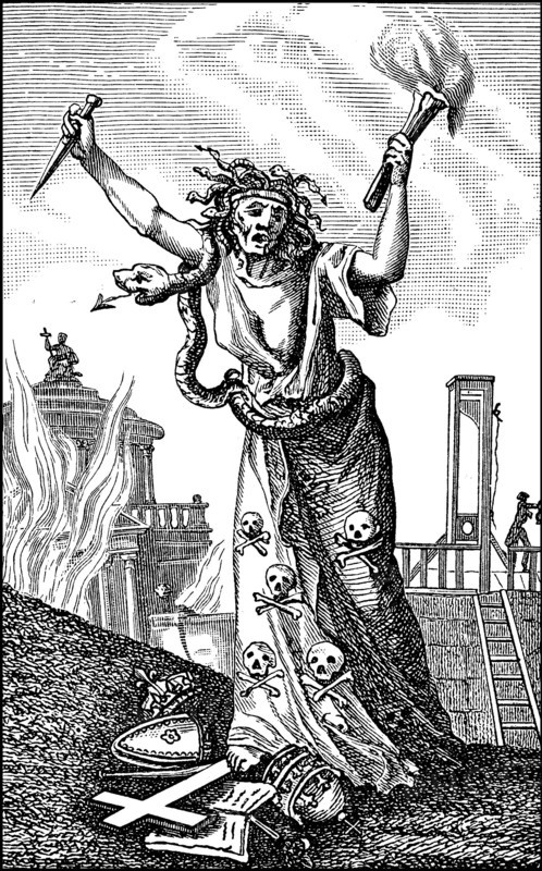 Satire on the French Republic in robes with skulls between firestorm and guillotine
