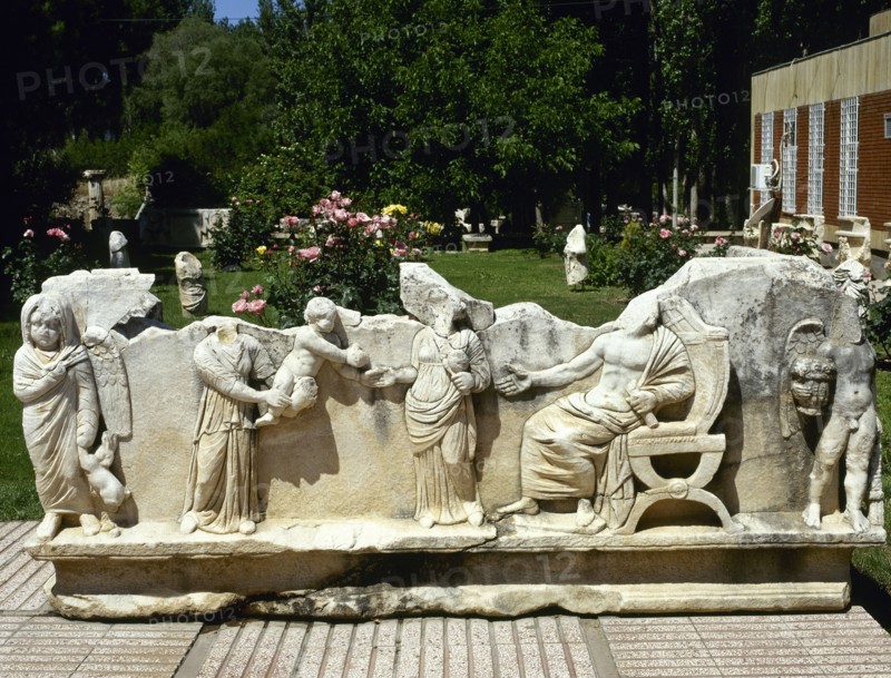 Family scene, Roman sarcophagus decorated with reliefs,