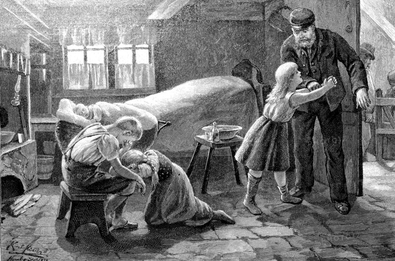 Family grieving after a death from the cholera epidemic