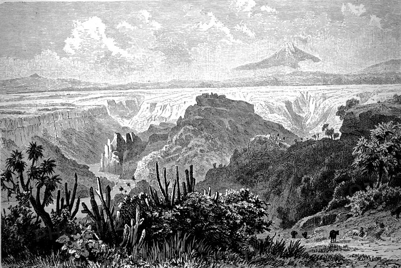 Canyon Barranca of Santa Maria with the mountain Peak of Orizaba in Mexico in 1880  /  Schlucht Barranca von Santa Maria mit dem Berg Pik von Orizaba in Mexiko im Jahre 1880