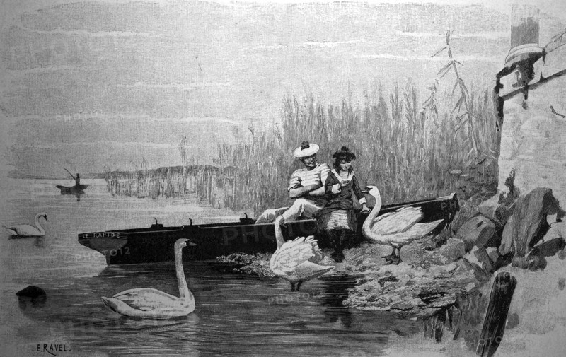 Couple after a trip with rowing boat feeding swans