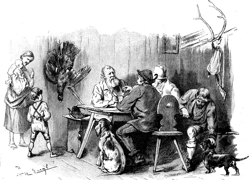 Meeting of hunters after hunting in forester's lodge for a drink