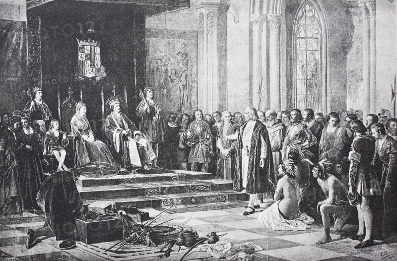 Christopher Columbus after returning from his first trip in front of the Spanish royal couple in Barcelona