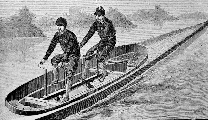 Pedal motor boat with screw propeller / Tretmotorboot mit Schraubenpropeller