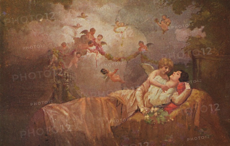 Historical congratulatory card with angels to bring happiness to a woman