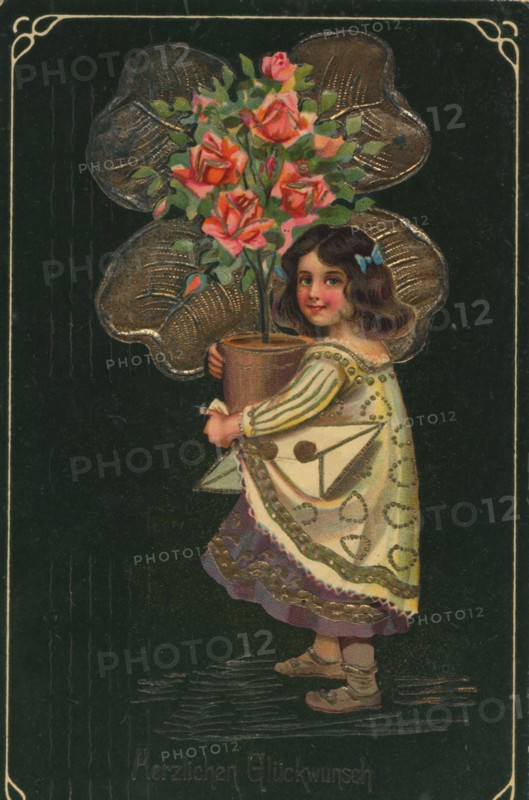 Historical congratulatory card with a child and a large potted plant