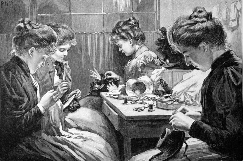 four women in handicrafts in the living room
