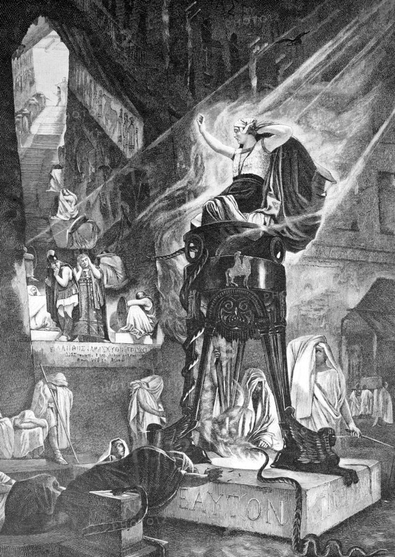 Priestess and retinue in the oracle of Delphi