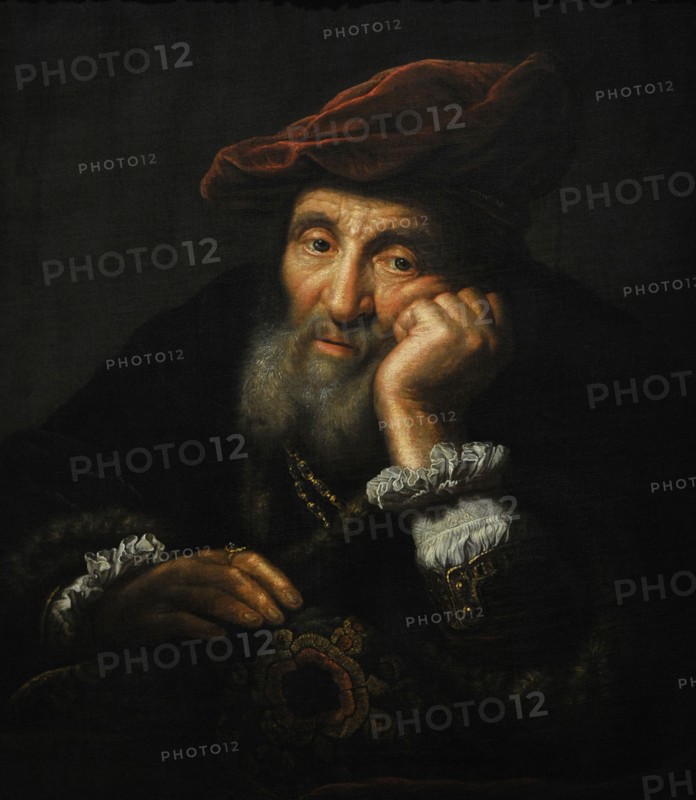 Old man, leaning on a cushion. Copy. By Govert Flinck