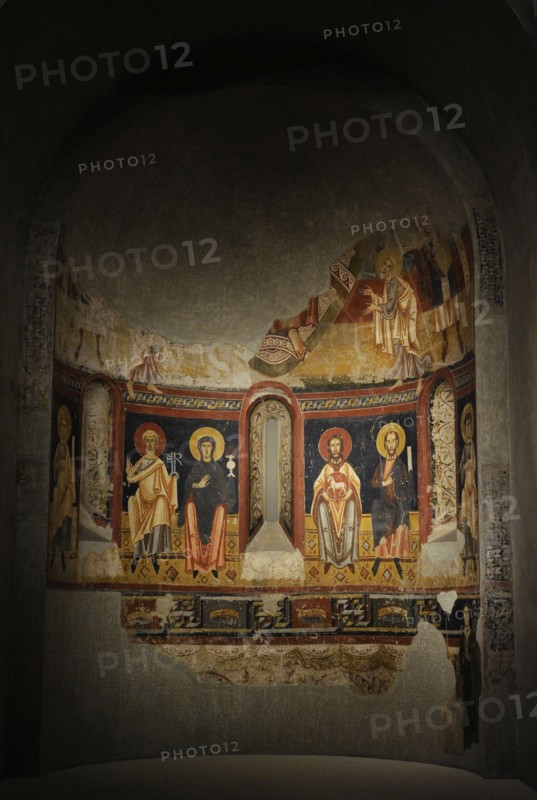 Fresco depicting Saint Peter and the Virgin with chalice and Saint John the Baptist and Saint Paul.