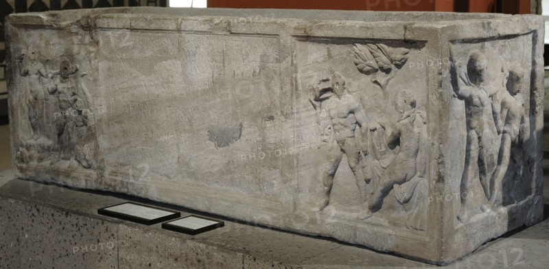 Roman sarcophagus of the veteran Vitalis, with scenes from Greek mythology about Hercules and Theseus.