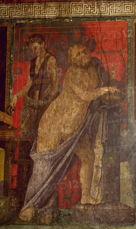 Fresco depicting a Dionysian rite. Silenus playing the lyre and a maid helping to perform the rite.