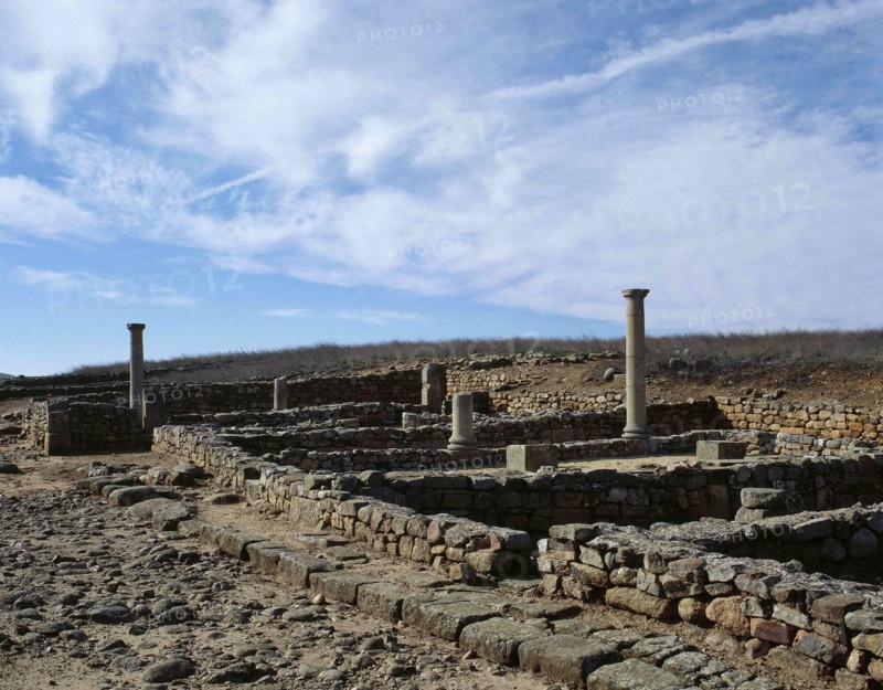 Ruins of houses with arcaded courtyards.
