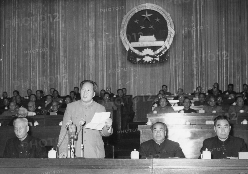 Mao Tse-Tung, chairman of the Second National People's Congress of the People's Republic of China (standing) is shown presiding over a session as it opened on April 18, 1959. Bejing, China.