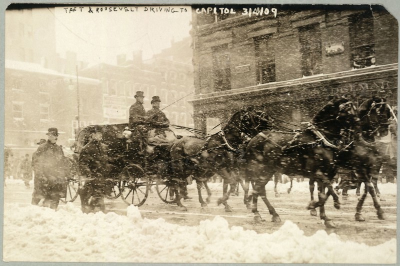 March 4, 1909 - William Howard Taft and Theodore Roosevelt drive to the Capitol for Taft's inauguration.