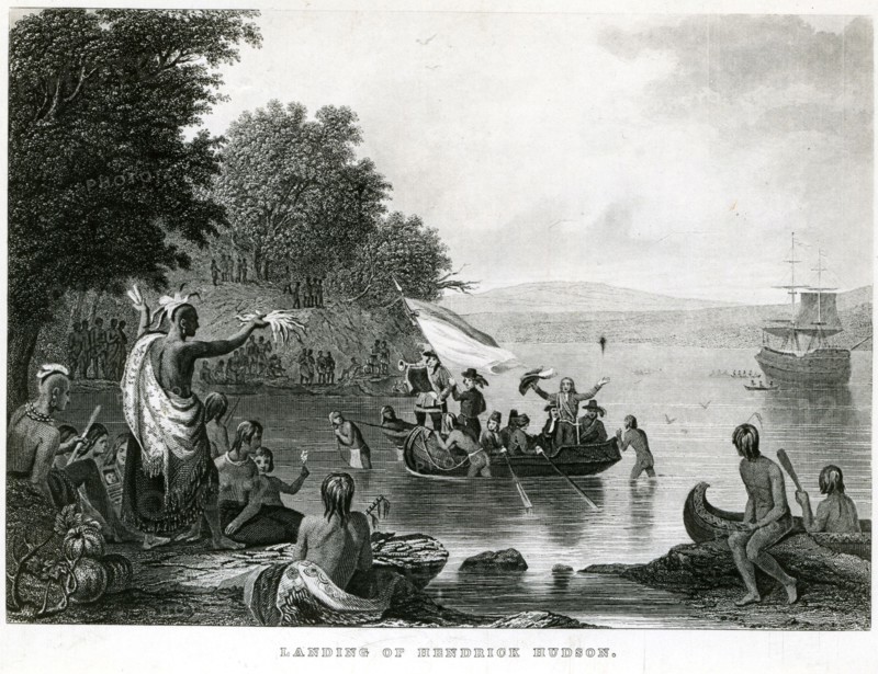 Native-Americans greet explorer Henry (Hendrick) Hudson, 1609, as depicted in a 1909 book illustration.