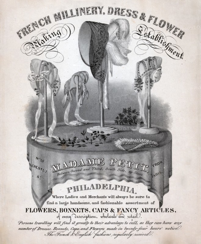 French millinery, dress & flower making establishment circa 1845.