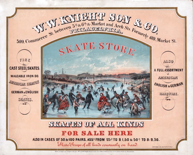 Skate store - skates of all kinds for sale here W.W. Knight Son & Co. circa 1860.