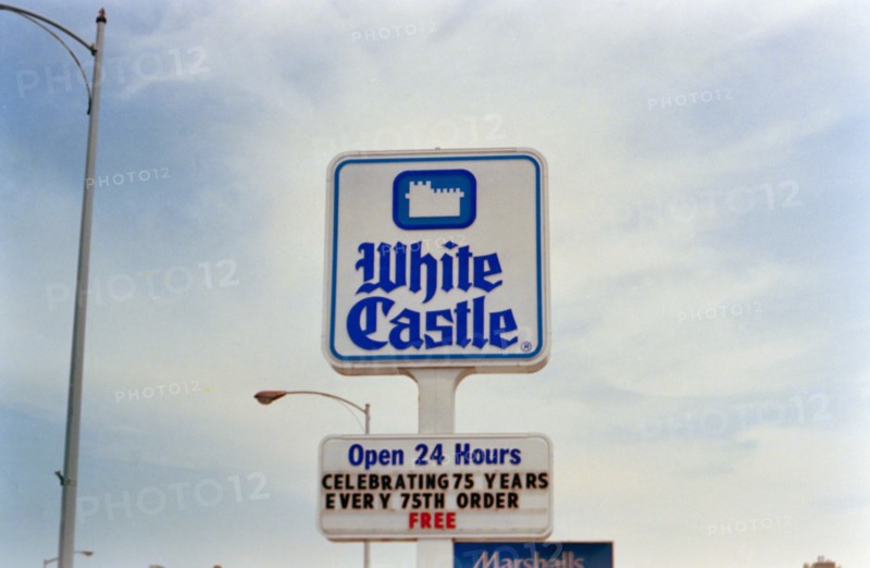 White Castle restaurant sign in Chicago south suburbs, sign celebrates their 75th anniversary circa 1996.
