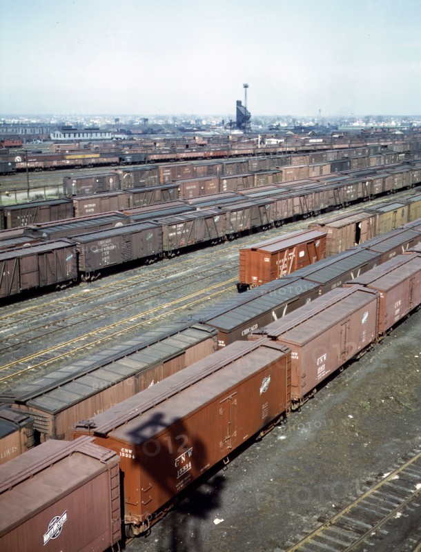 General view of part of the Proviso yard of the Chicago and Northwestern [i.e. North Western] railroad, Chicago, Ill. In the background is the coal chute and roundhouse April 1943.