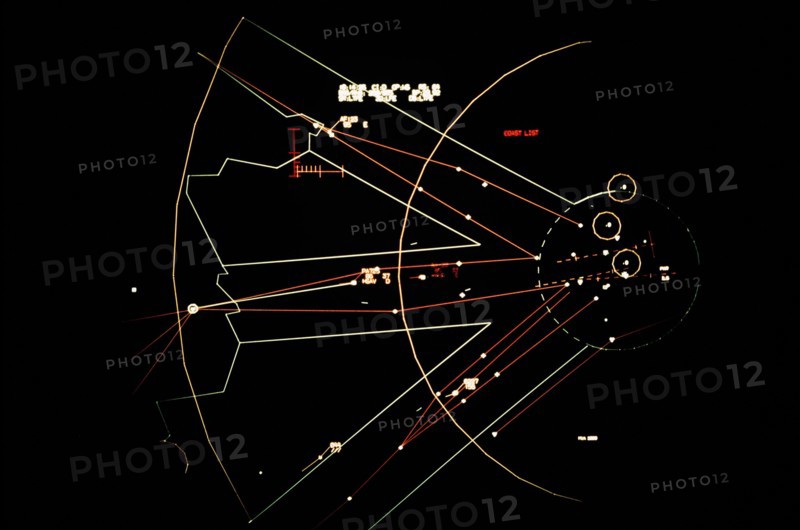 A graphics display on the Tempelhof Automated System (TAS) computer screen depicting a map of Berlin air space.  TAS is part of the Berlin Air Route Traffic Control Facility, operated by the 1946th Information Systems Squadron..